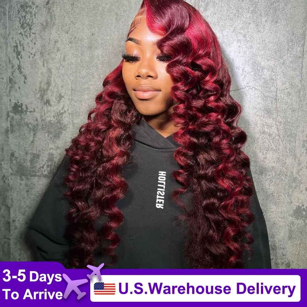 #99J Loose Deep Wave Wig Human Hair Wigs 13x4 HD Full Burgundy Color Lace Frontal Wigs Loose Wave Human Hair Pre Plucked 180%