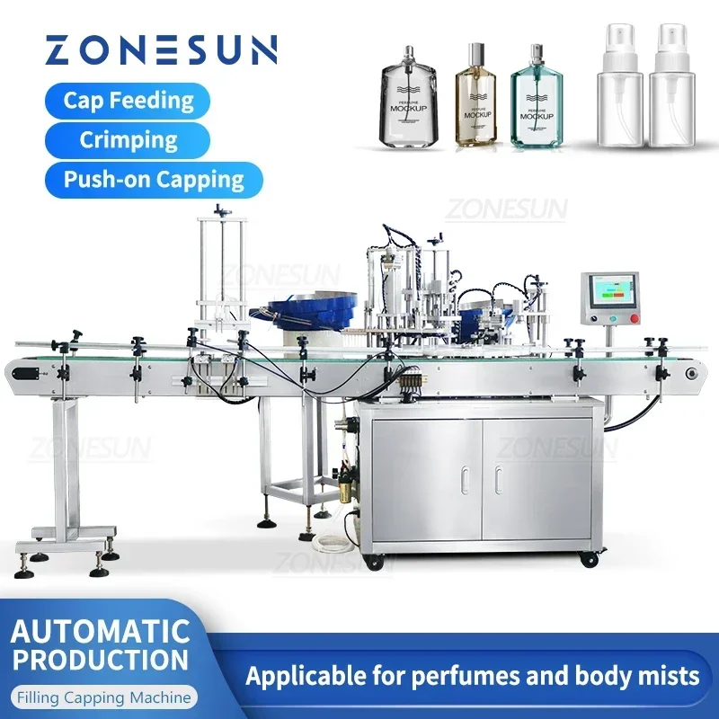 ZONESUN ZS-AFC9 Automatic Liquid Filling Capping Machine Cap Feeding Pressing Rotary Plate Perfume Vial Bottle Production Line