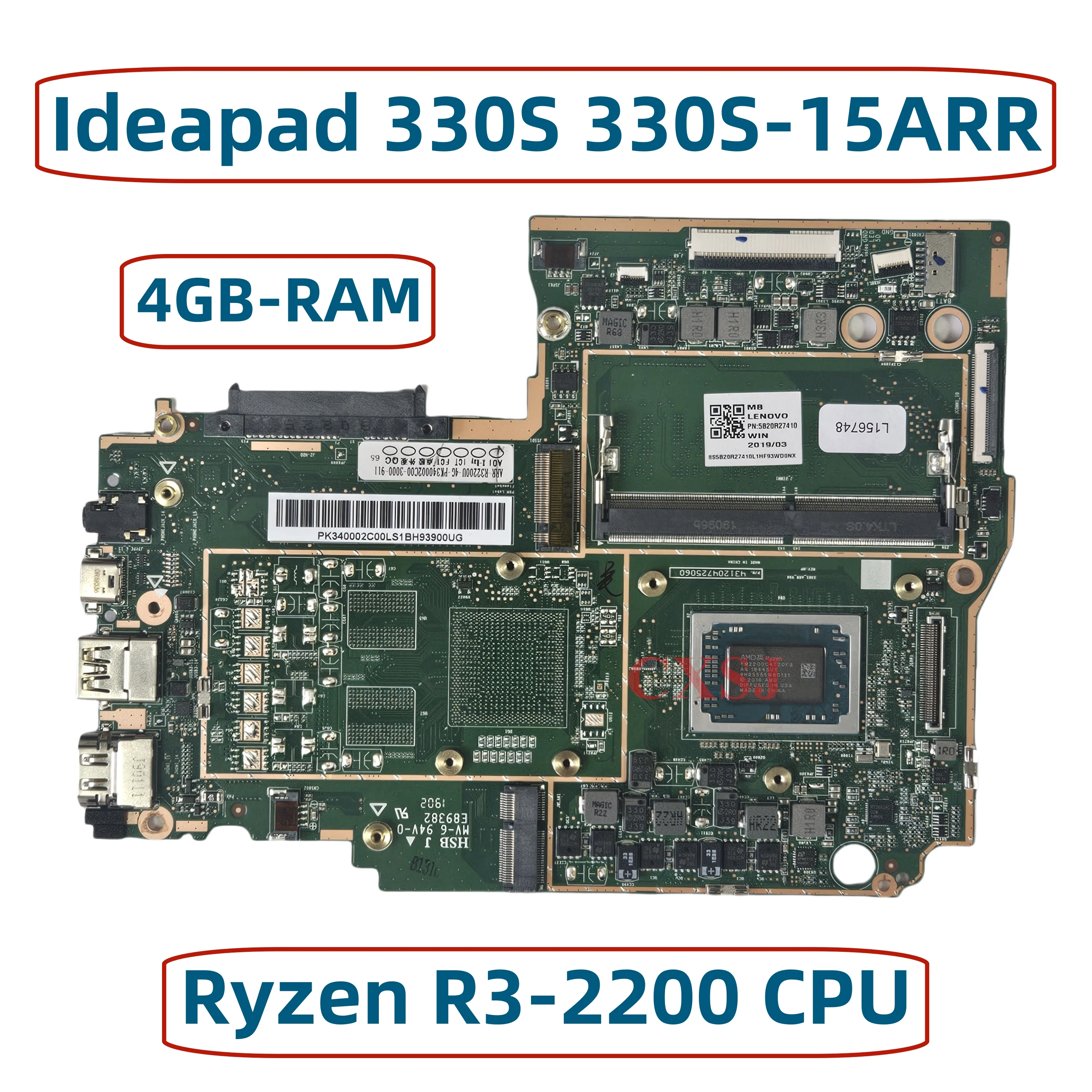 FRU:5B20R27410 For Lenovo Ideapad 330S 330S-15ARR Laptop Motherboard With AMD Ryzen R3-2200 CPU 4GB-RAM Mainboard 100% Test