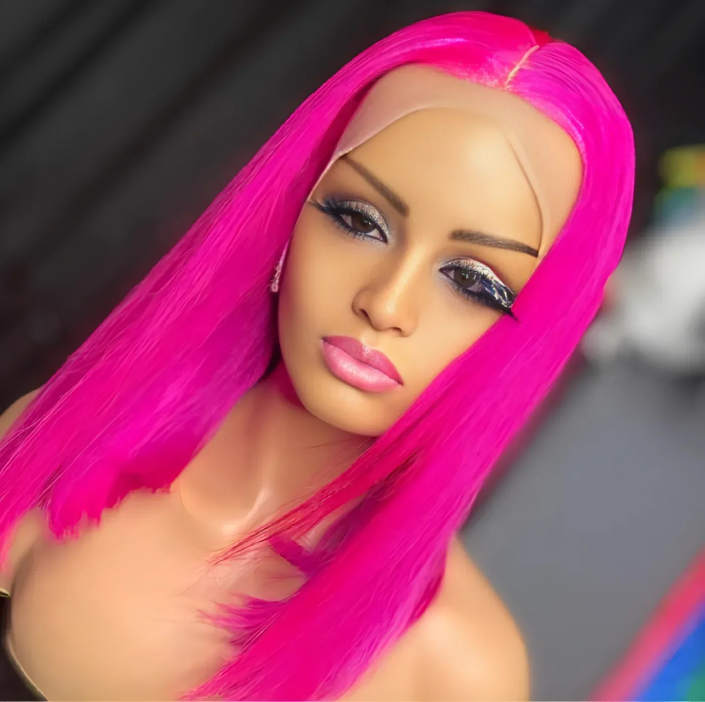 ﻿   Pelucas humanas Bob cortas y rectas de color rosa intenso, pelucas frontales de encaje 100%, peluca de encaje transparente con línea de cabello prearrancada ﻿