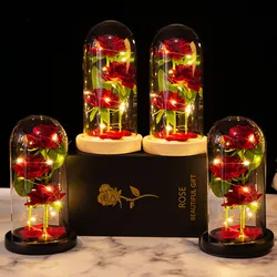 Glows in the dark Christmas Gift Box Artificial flowers Rose glass cover Valentine gift Gold roses Eternal love wedding decorati