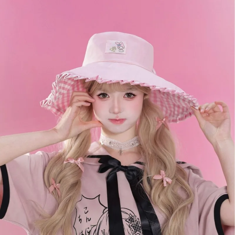 

Sanrio Hello Kitty Checkered Lace Series Fisherman's Hat Cute Cartoon Cute Leisure Sunshade Hat