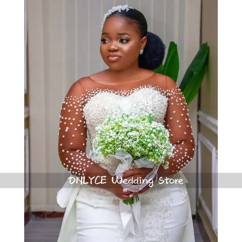 Customized brown skin Elegant Mermaid Wedding Dress Round Neck Long Sleeve Satin Pearl Detachable Tail Vestido De Noiva