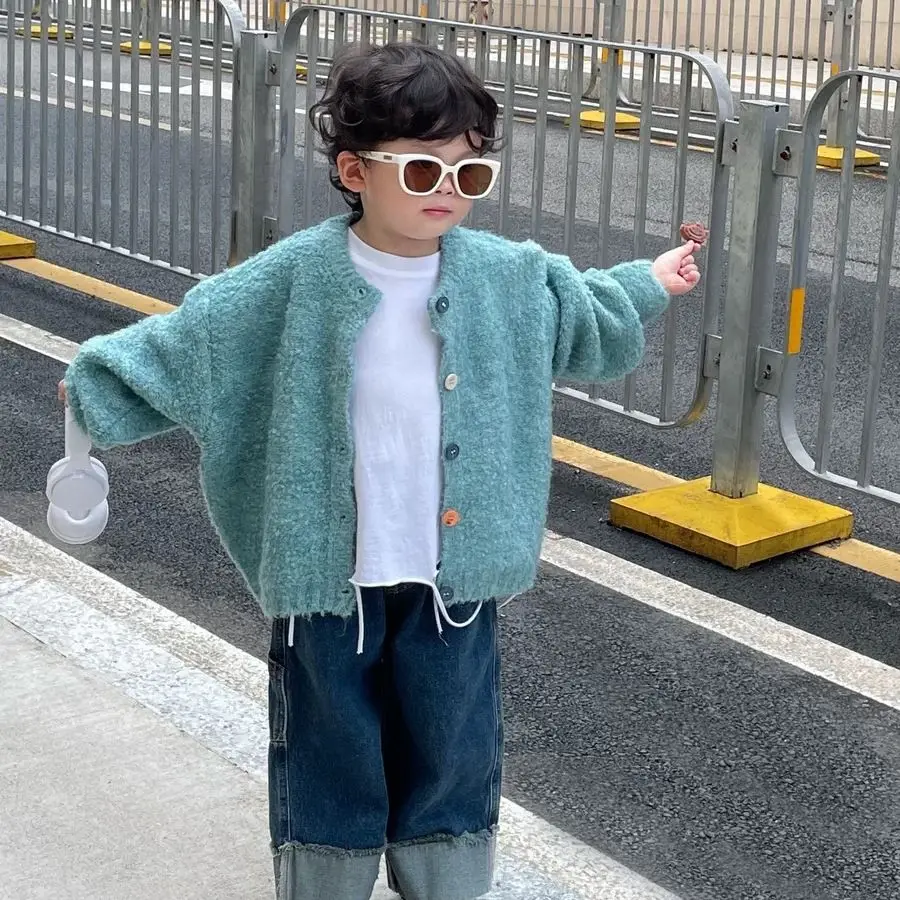 Children Autumn Winter Knit Cardigan Sweater Unisex Loose Casual Solid Color Outerwear Kids Coats Tops Fashion
