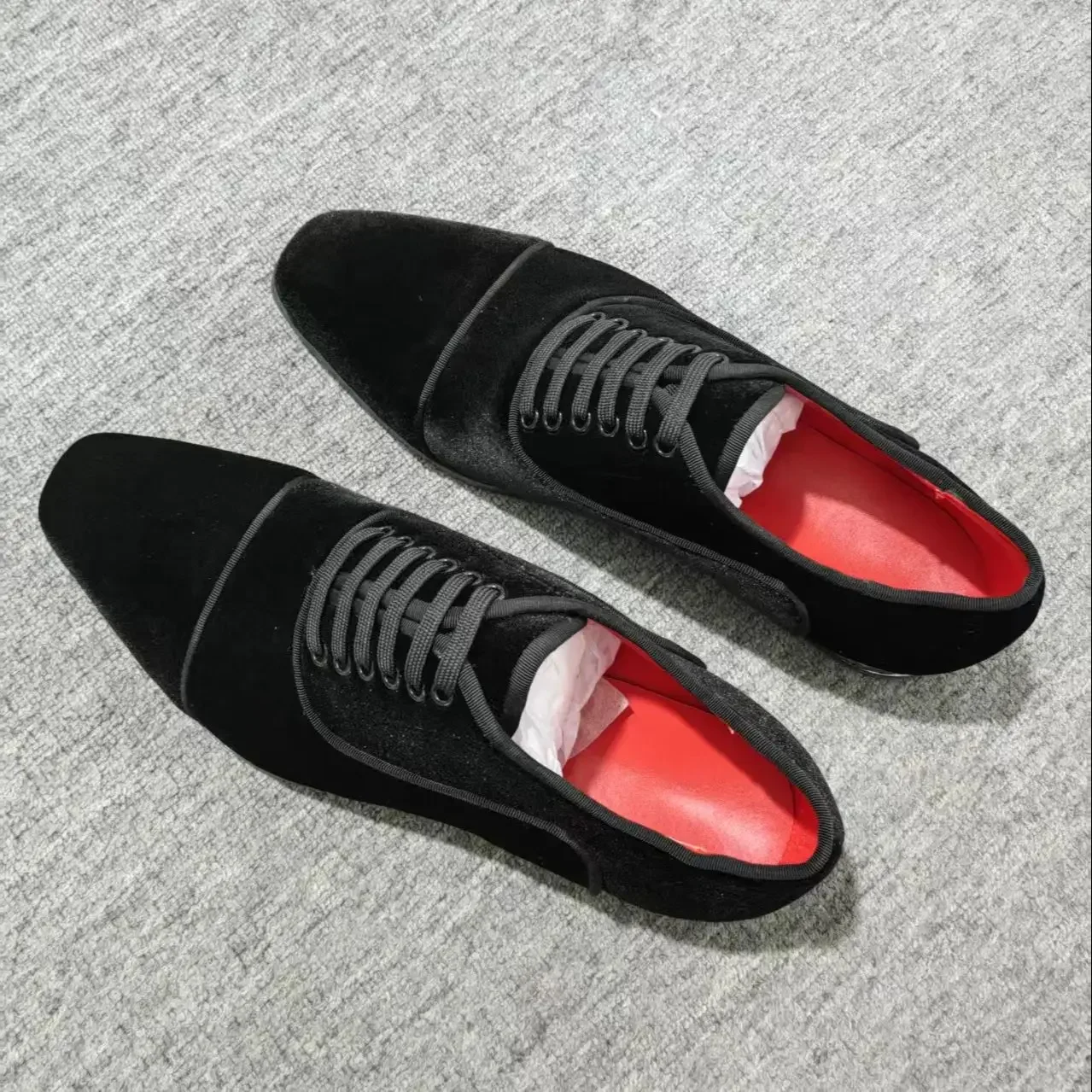 Red Lining Black Flannel Velvet Men's Business Shoes Square Toe Lace-Up Male Pumps Office Gentleman Party Wedding Dress Shoes DE