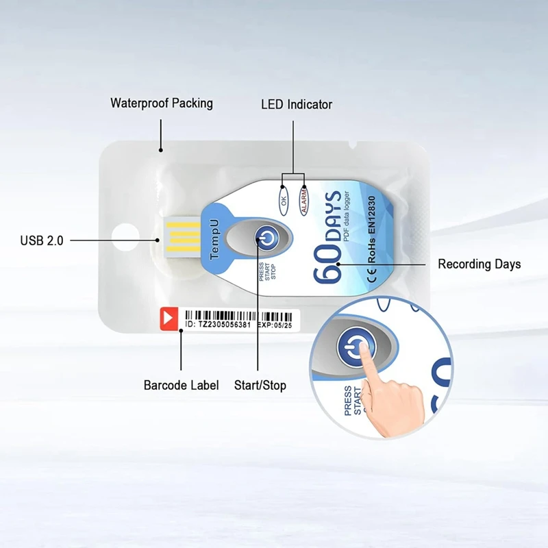 مسجل بيانات درجة الحرارة USB المتاح PDF مسجل درجة الحرارة ميزان الحرارة مسجل Tempu02 60 يومًا لسلسلة الباردة-A22G
