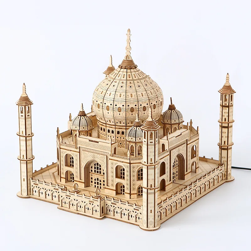 3D Puzzle Casa Modelo de Madeira com Montagem de Luz Brinquedo para Crianças e Adultos, Castelo Real, Kits DIY, Decoração Presentes, Taj Mahal