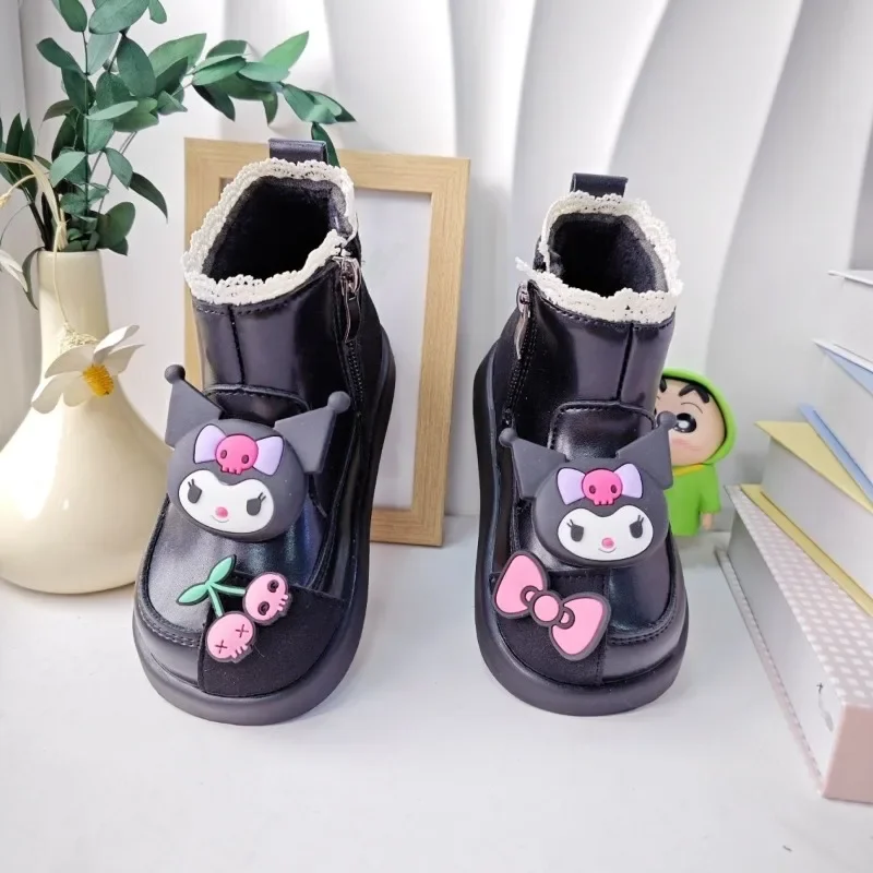 

Kuromi Anime Kawaii Fashion Martin Children Boots Autumn Winter Cute Cartoon Ins Ankl Fleece Warm Cotton Shoes Gifts for Kids