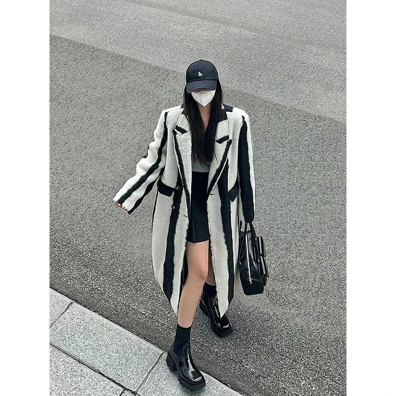 Striped Long Wool Blends Coat Women Vintage Patchwork Jackets Korean Thick Outwear Oversized Cardigan Woolen Overcoat Tops