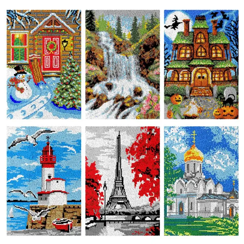 

Набор для вышивания ковриков крючком DIY: пейзажи, грубая шерсть, пластиковая канва, набор для рукоделия для взрослых