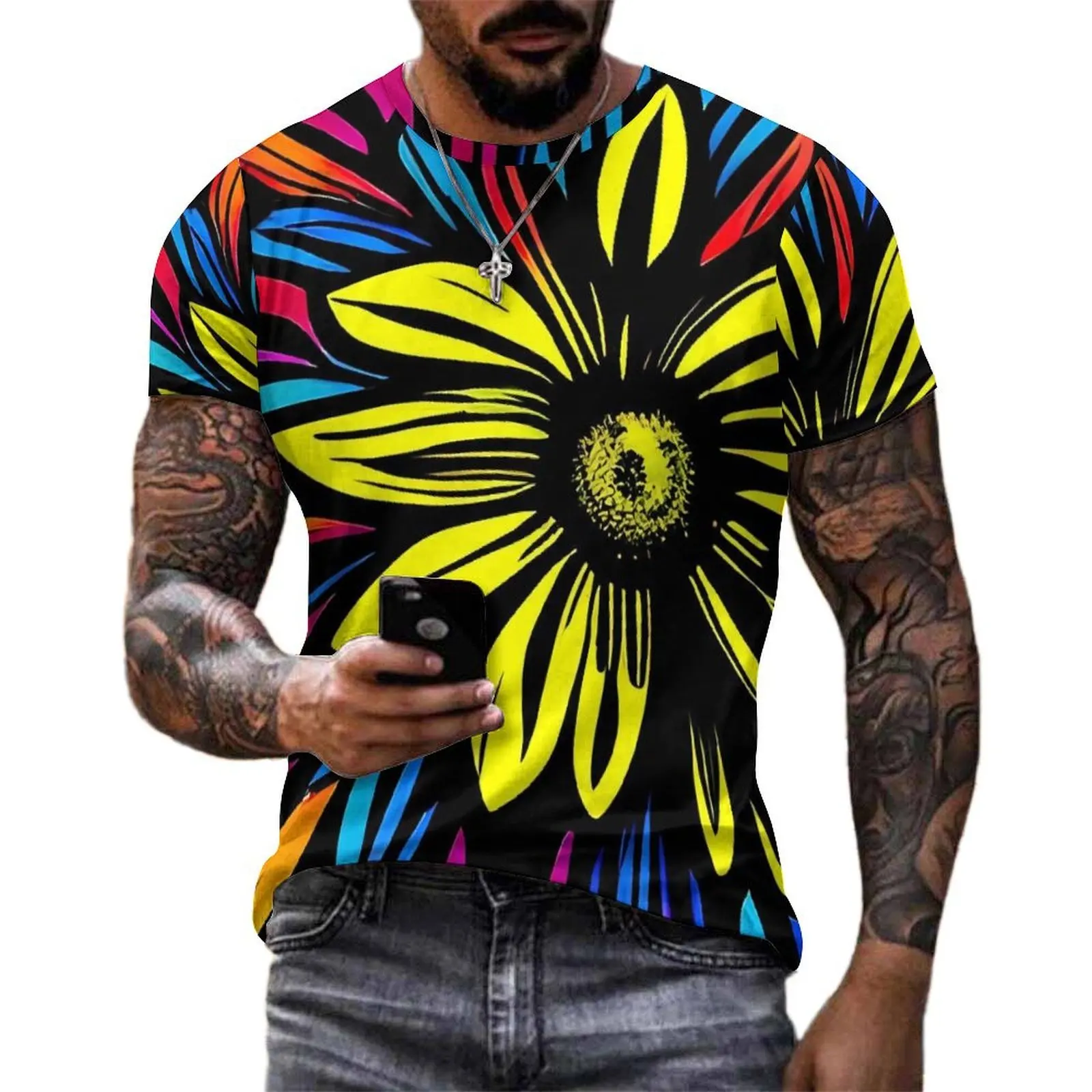 Mens Hawaiian Floral T-Shirt Flower Power Harajuku T-Shirts Short Sleeve Pattern Tops Hot Summer Kawaii Plus Size Top Tees