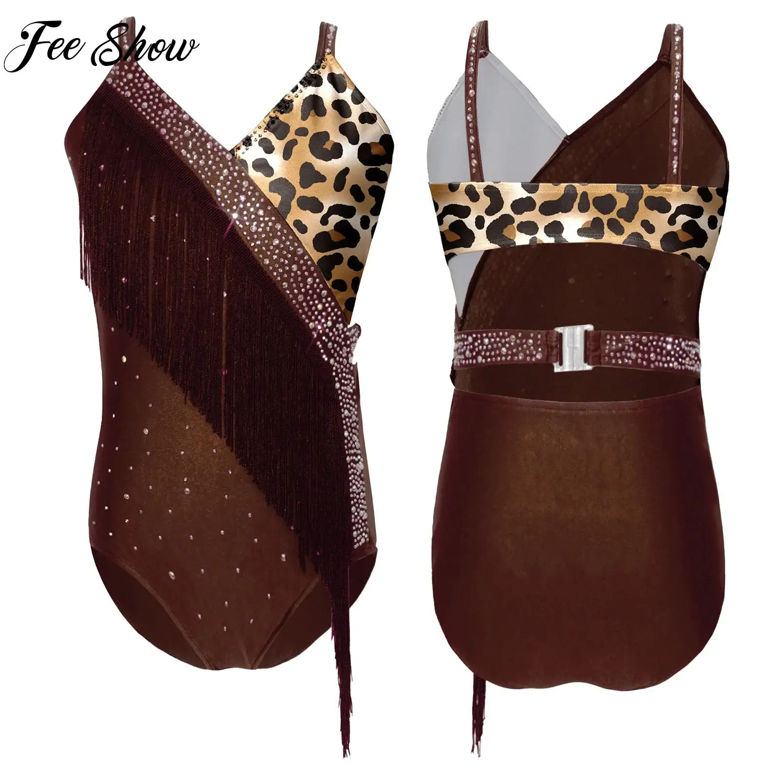 Kid Girls Leotards Skating Ballet Dance Costume Rhinestones Sleeveless Tassel Bodysuit for Tango Cha-cha Performance Competition