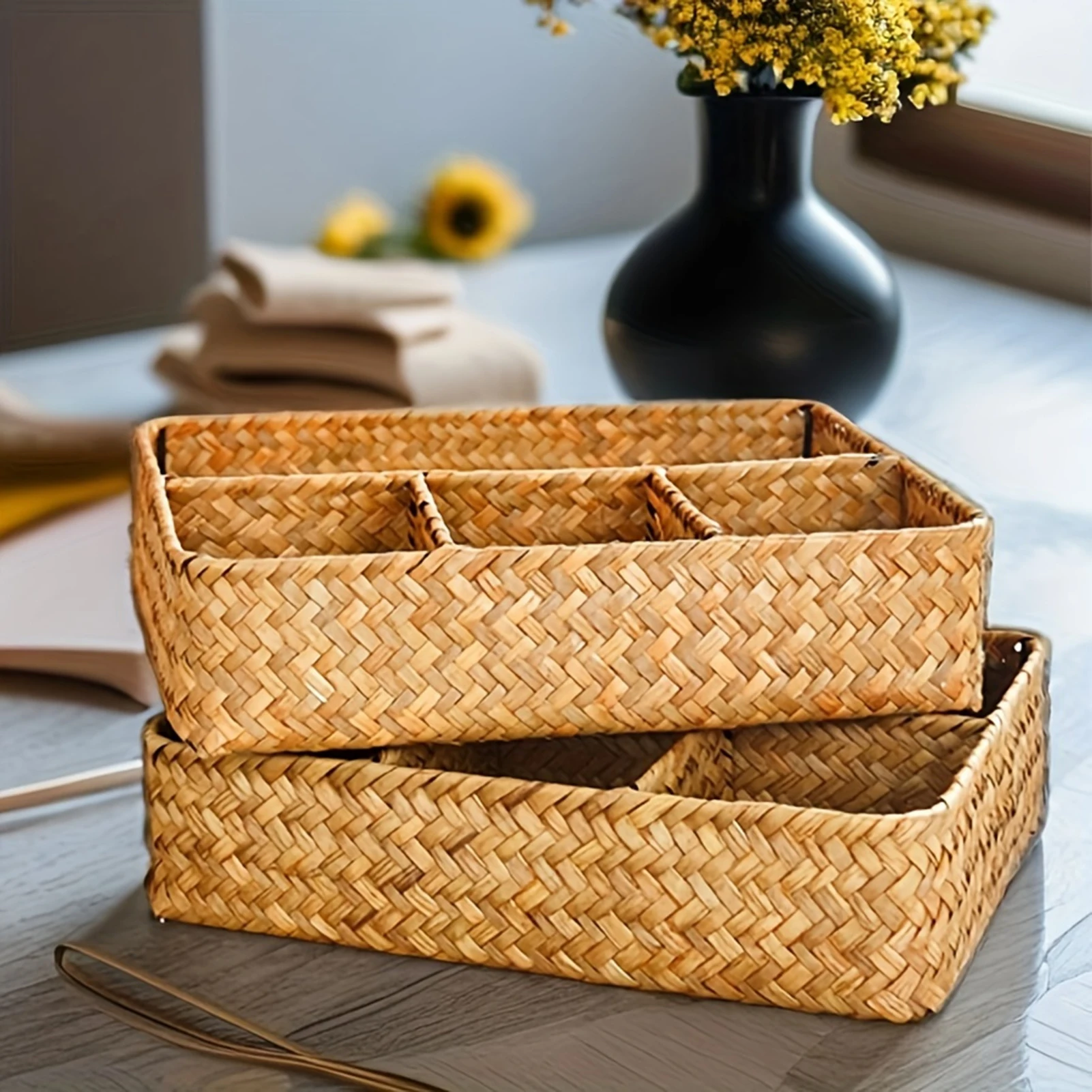 

Seagrass Woven Storage Basket Sturdy Rectangular Small Woven Shelf Baskets for Home Office Dorm Storage