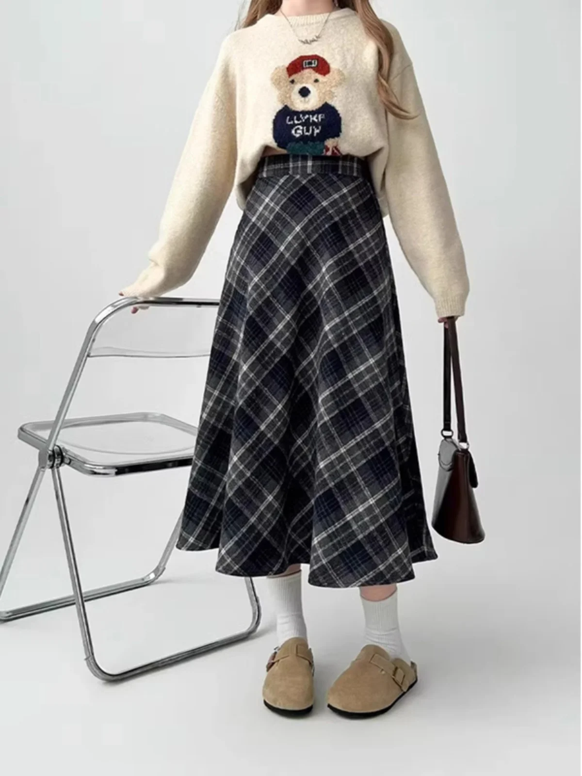 

Plaid Skirt Women's Autumn Winter 2025 New Woolen Retro A-Line Long Skirt Plaid Bla Slimming f Skirt INS High Waist...