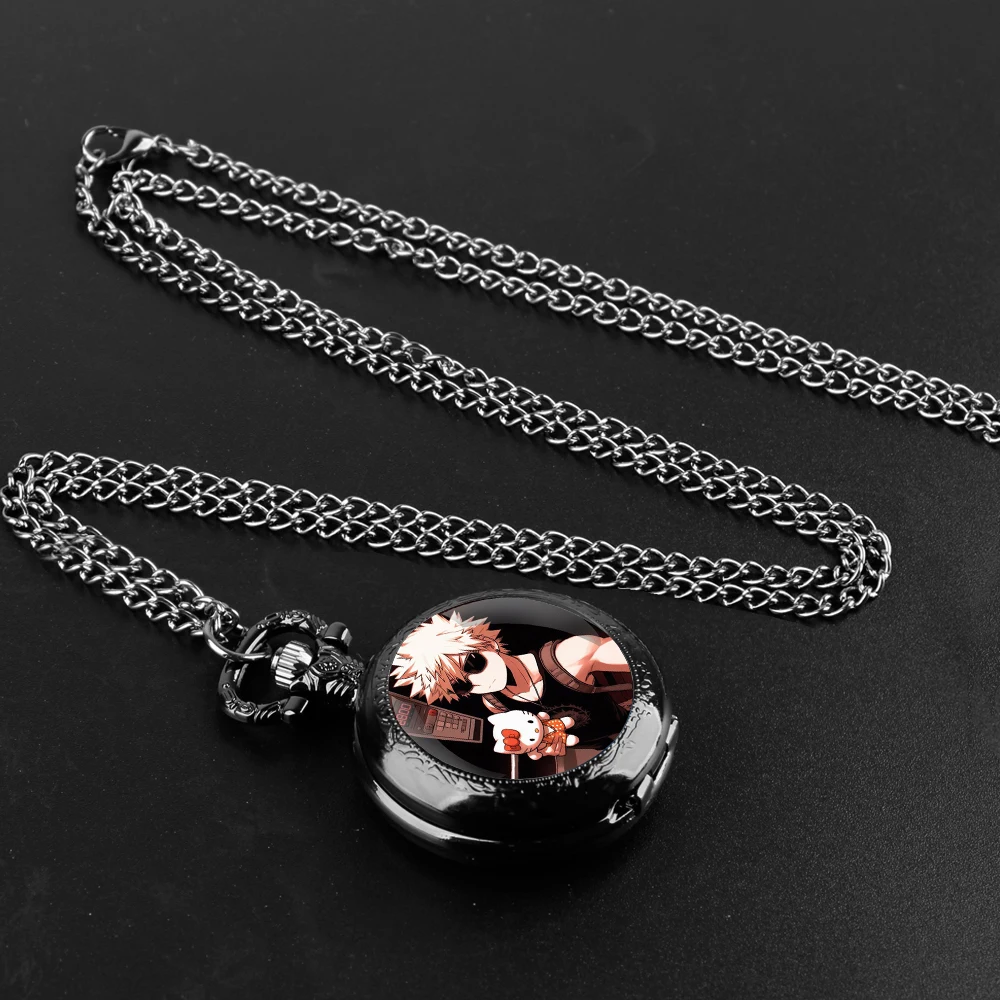 Exquisite Anime Bakugou Katsuki Glass Dome Quartz Pocket Watch Arabic numeral Necklace Pendant Gifts For Women Man with Chain