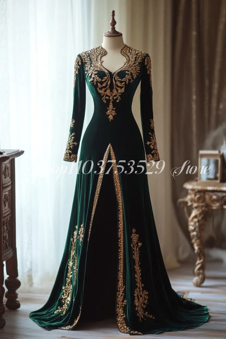 Hunter Green Evening Dress Exquisite Applique Embroidery Long Sleeve A-Line Long Dress Formal Occasion Women\'s Party Dresses