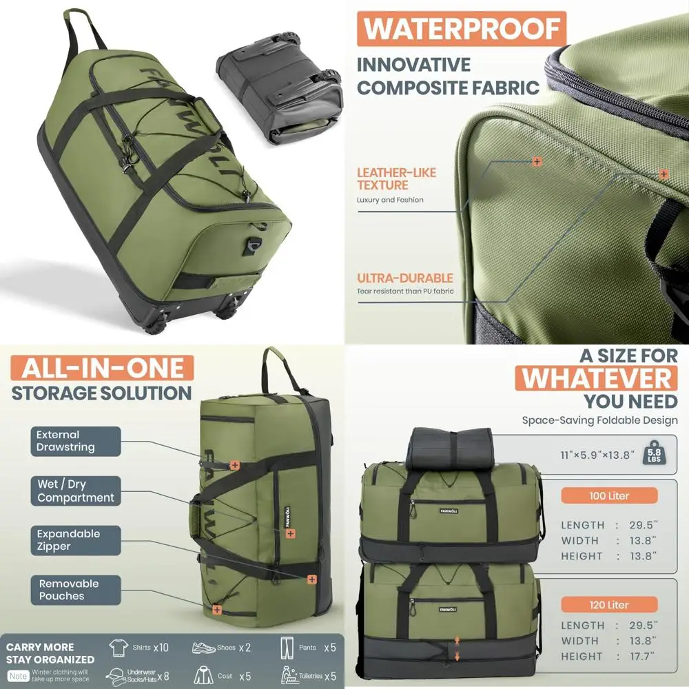 

Расширяемая водонепроницаемая спортивная сумка на колесиках 100–120 л, конструкция без прорезей для тяжелых нагрузок, складной багаж для путешествий