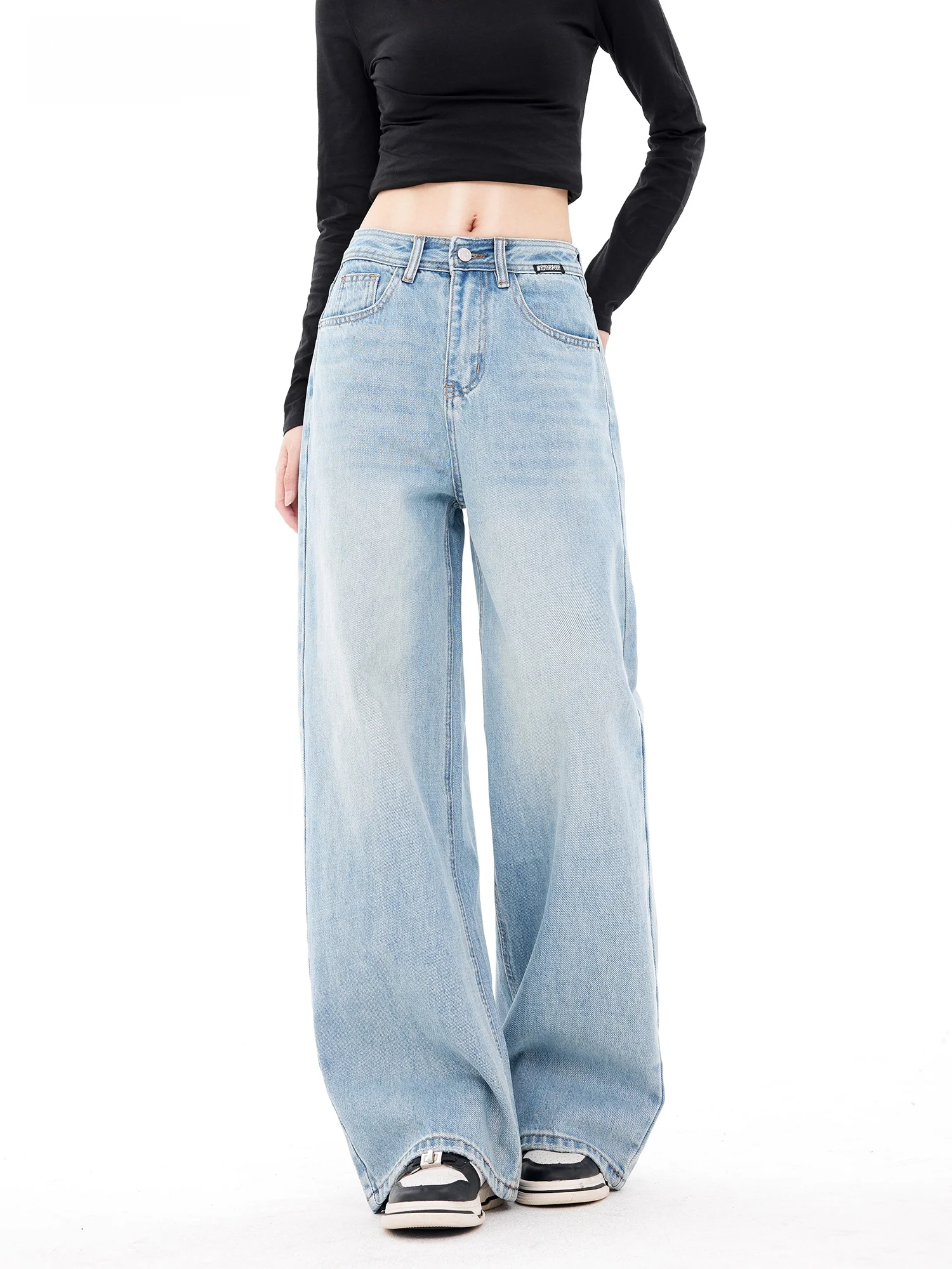 

High Waist Loose Wide Leg Straight Jeans Women's Summer New Style Button Design Sensation Light Blue Casual Washed Denim