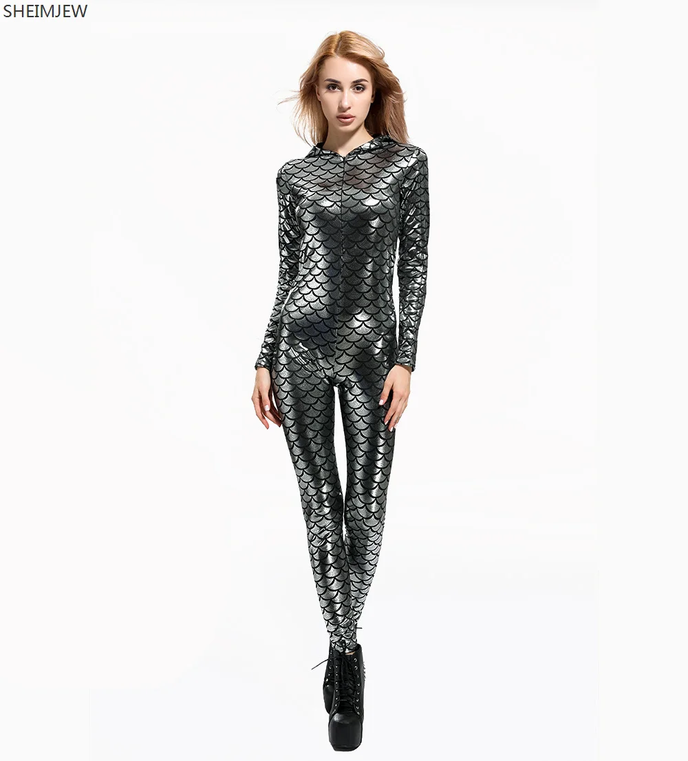 

Sexy Women's Fish Scale Snake Costume Hooded Bodysuit Hot Retro Role Play Costume Women's Halloween Carnival Party Bodysuit