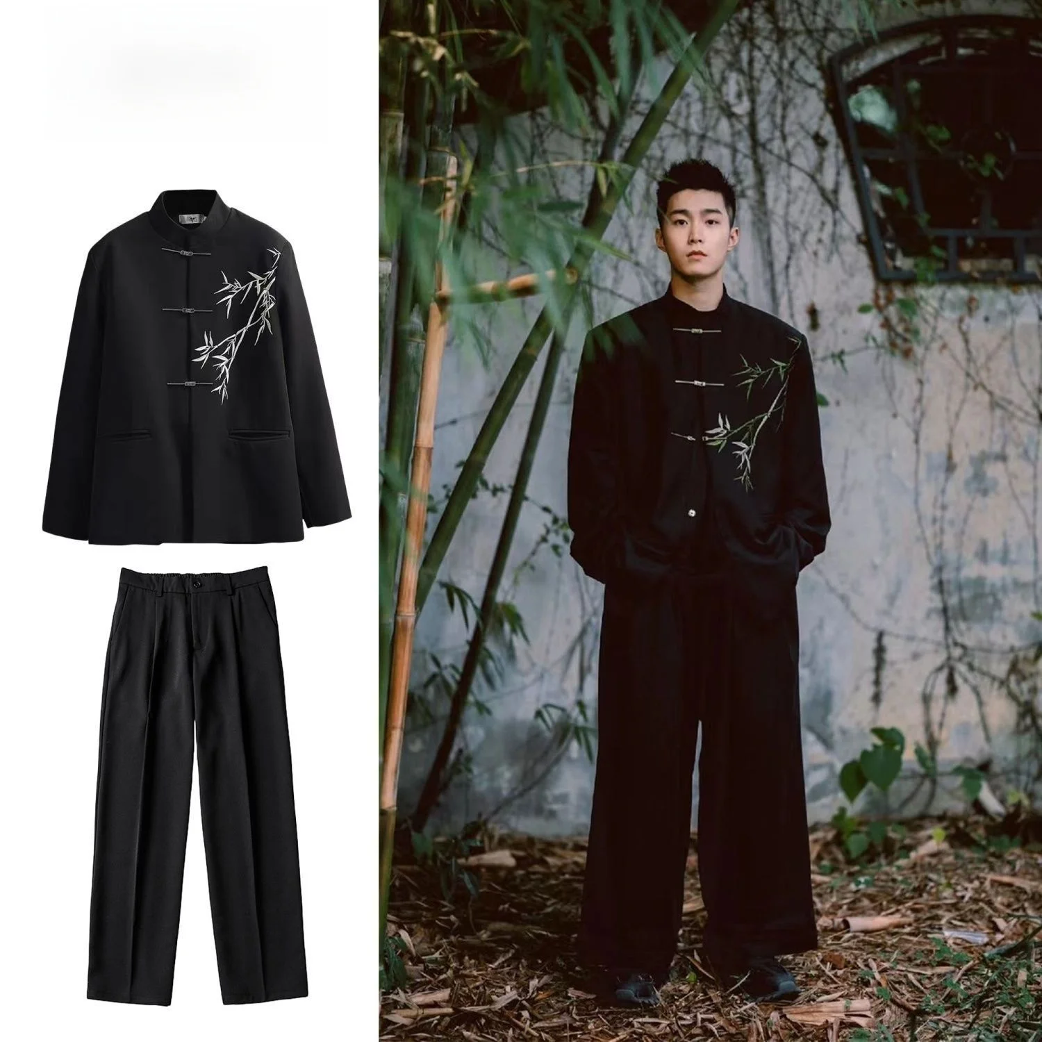 

New Chinese Style Men's Suit Jacket Set with Embroidered Bamboo Design And Plane Button Stand Collar Two-Piece Ensemble