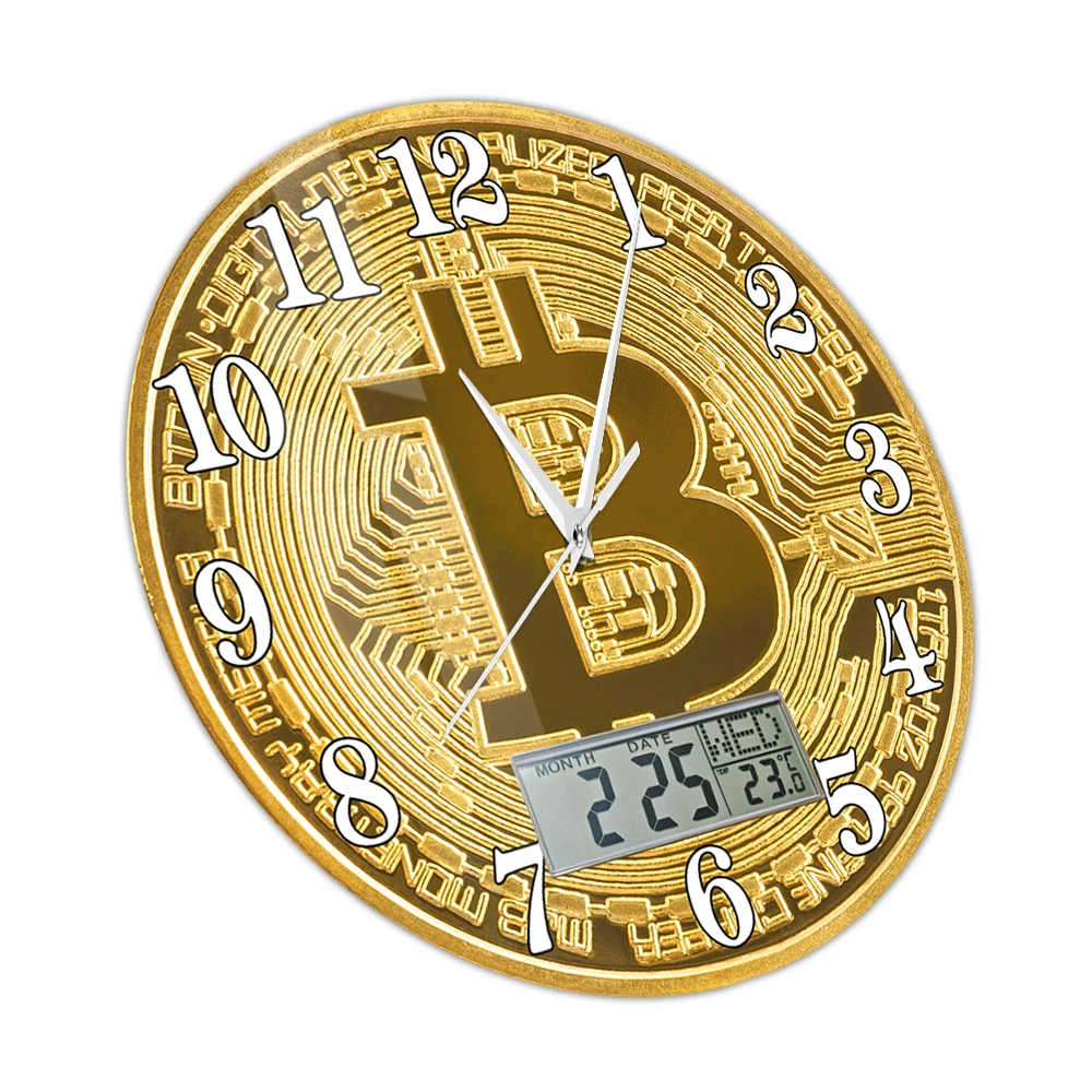 Bitcoin Symbol Printed Wall Clock with LCD Display Golden Coin Cryptocurrency Decor Silent Clock Perpetual Calendar Temperature view 2
