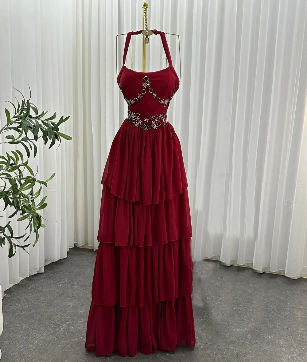 

Customized Chiffon Beading Pleat Tiered Halter Long Dresses Bespoke Occasion Prom Woman Elegant Party Glitter Engagement Evening