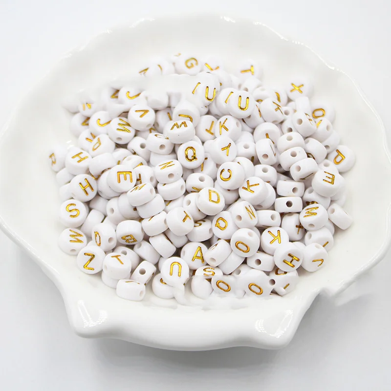 7mm White Gold Color Mix Letter Acrylic Beads Round Flat Alphabet Loose Beads For Jewelry Making Handmade Diy Bracelet Necklace