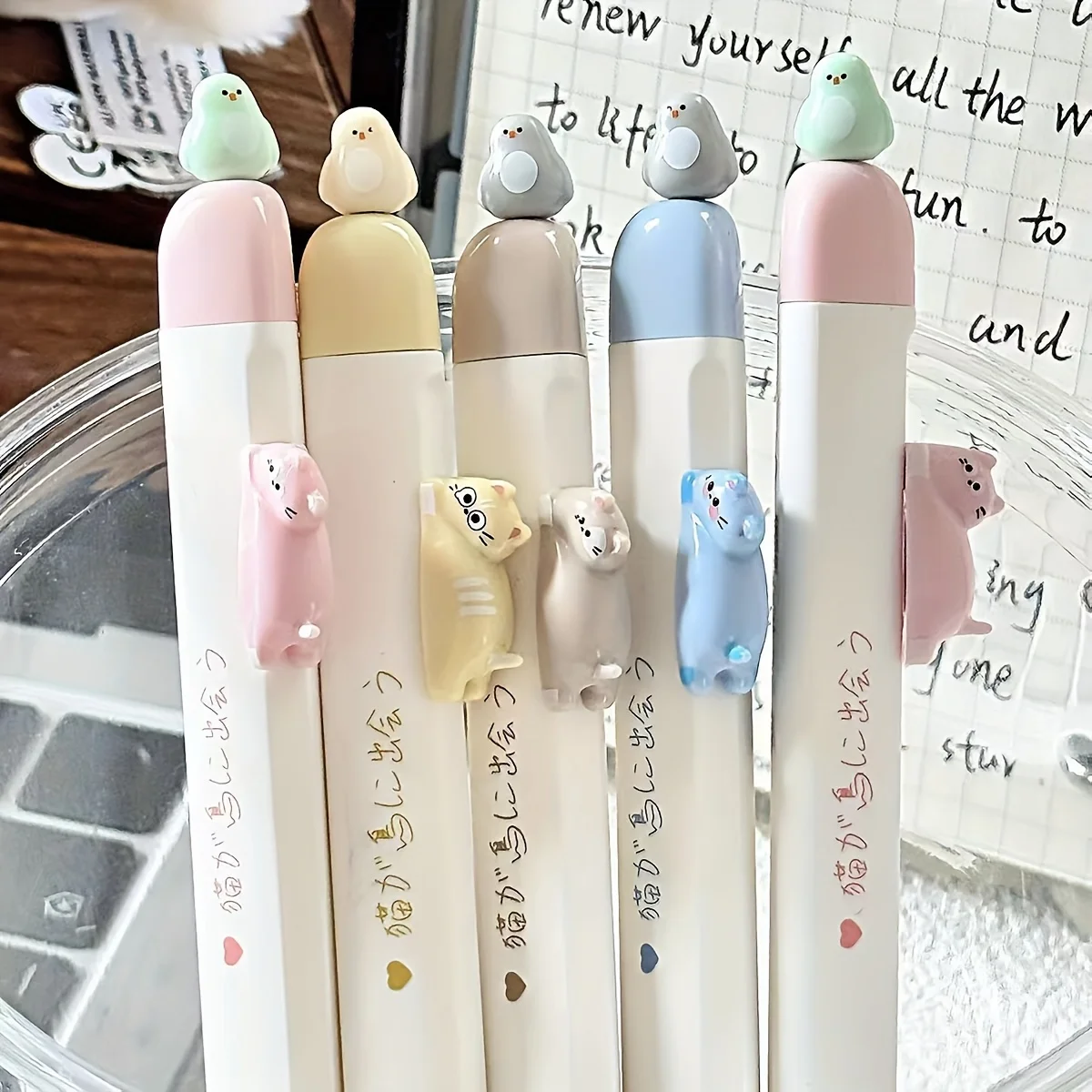 2-Pack of Randomly Assorted Styles: Black Gel Pens with Bird and Cat Designs, Dopamine Cat Click Pens, Creative Magnetic Bird Pens with Fun Animal Patterns, Suitable for Taking Notes and Writing, Perfect for Office and School Supplies, a Great Holiday Gift
