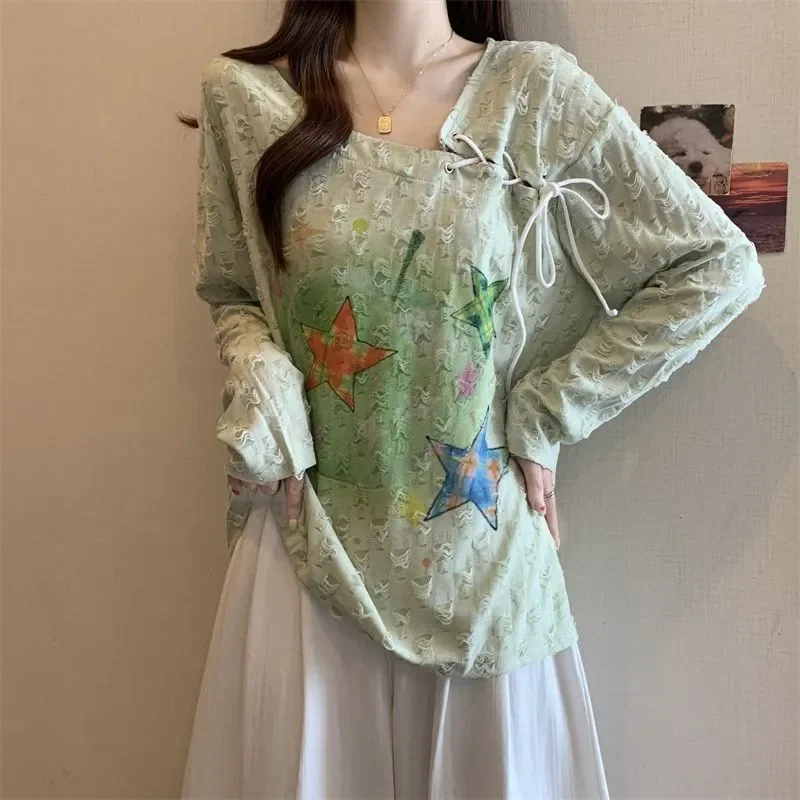 

Printed Strappy Collar Long-sleeved T-shirt for Women Spring and Autumn 2025 New Loose Slim Versatile Top
