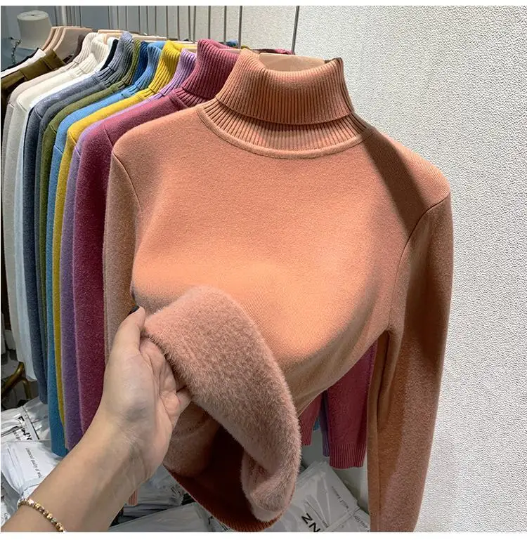 2025 New Thicken High Collar Pullover Women's Sweater Top Winter Warm and Soft Solid Color Inner Wear Bottoming Shirt