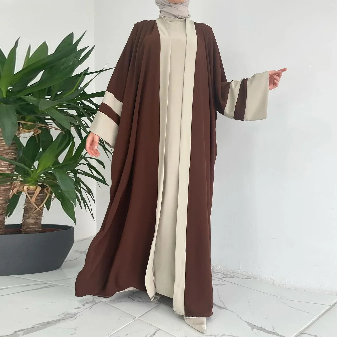 

2 Piece Matching Muslim Sets Maxi Dress Plain Eid Abayas for Women Dubai Open Abaya Turkey Inner Dresses African Islam Clothing
