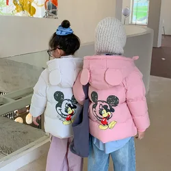 Mickey Mouse Kids Down Jackets 2024 New Winter Baby Girl Boy Cartoon Hooded Thick Coats Children Cotton Padded Parkas Outerwear