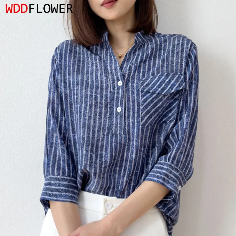 Women Silk Shirt 100% Mulberry Crepe Silk Stripe Blue Jeans Printed 3/4 Sleeve Pullover Top Blouse Office Lady Work M L XL M1066