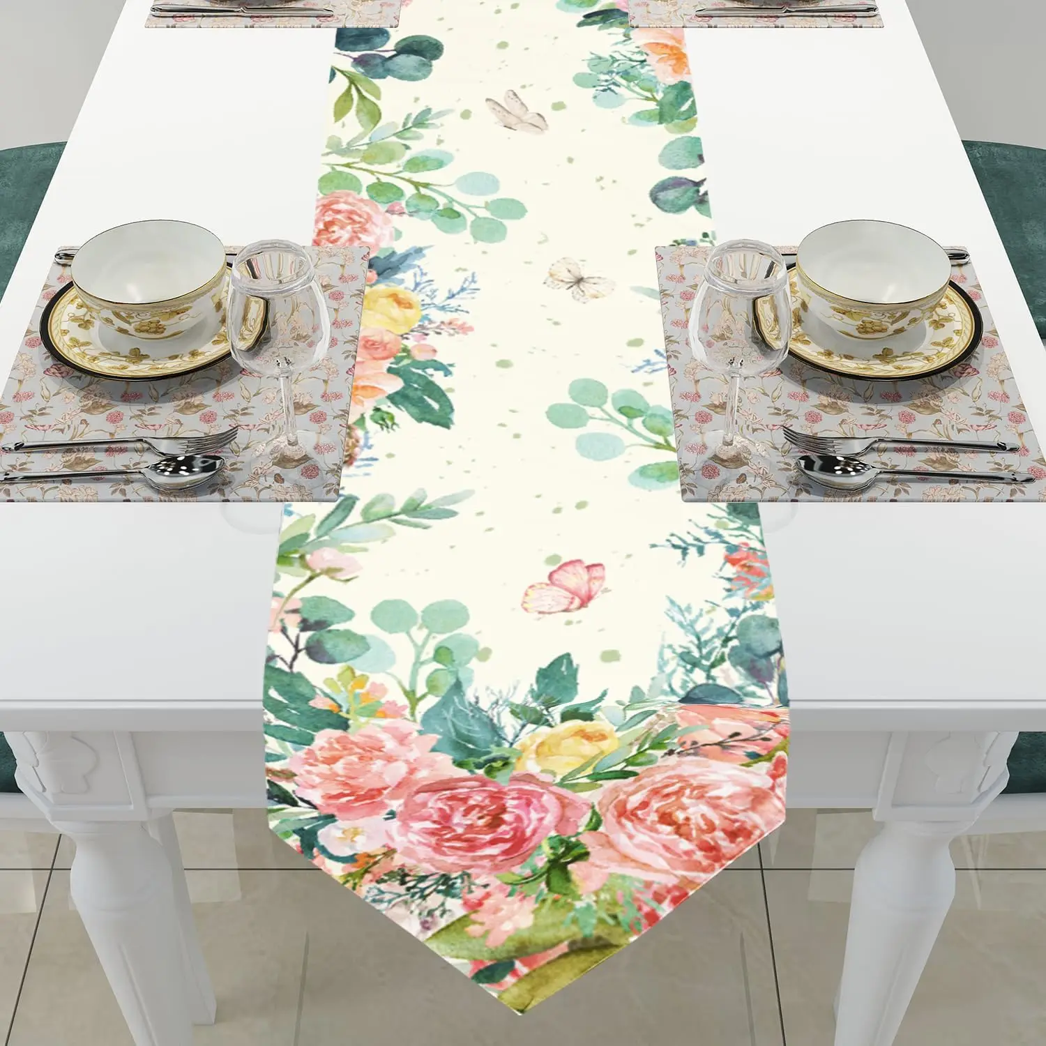 Spring Colorful Flowers Butterfly Linen Table Runner Dresser Scarf Table Decor Vintage Floral Easter Table Runners Party Decor