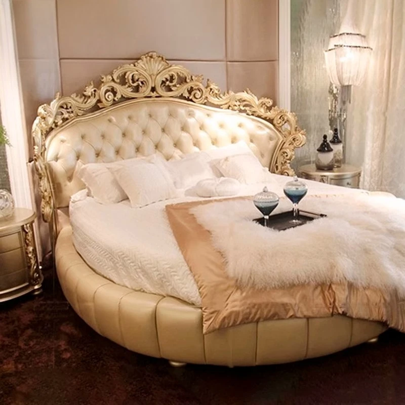 

French Luxury Round Bed Solid Wood Double Designer High Quality Romantic Bed Aesthetics Aesthetics Unusual Beliche Furniture