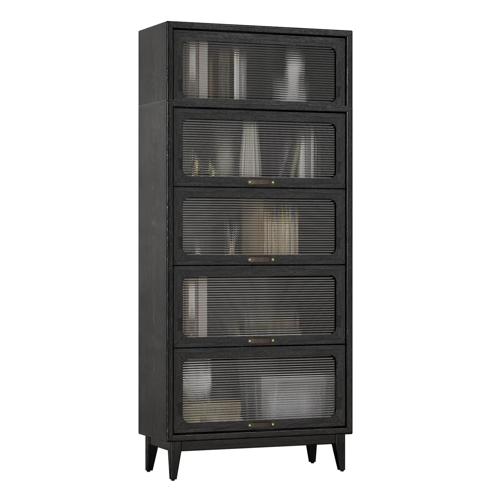 72'H Solid Wood Bookcase,5 tir Tall Black Book case with Doors,Modern Bookshelf with Door for Kitchen (Black
