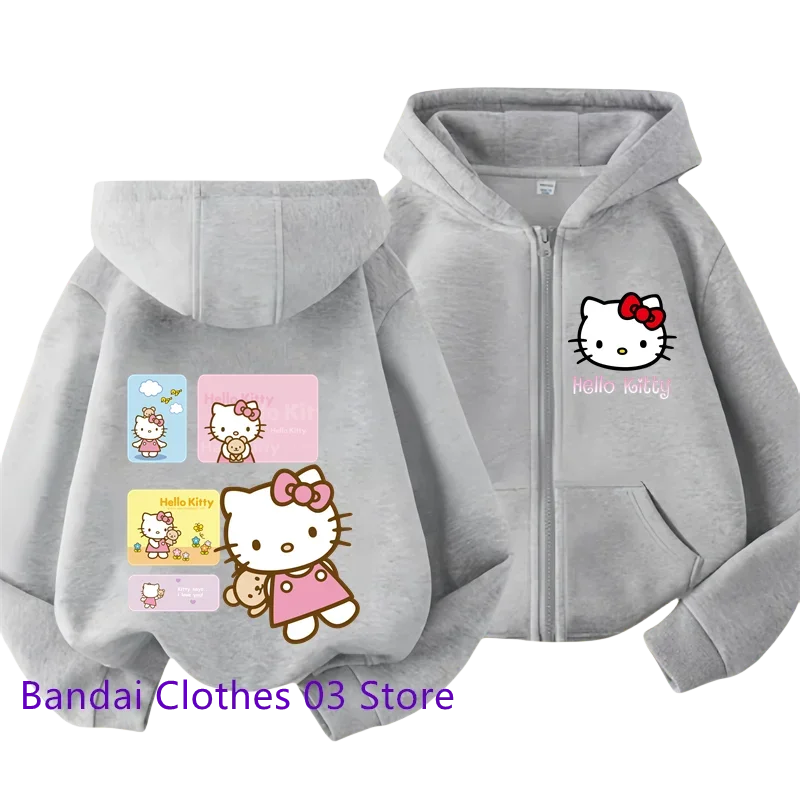 Hot Hello Kitty New Pin Zipper Hoodie Girls Sweatshirt Autumn/Winter Long Sleeve Jacket Harajuku Jumper Pin Casual Hoodie Top