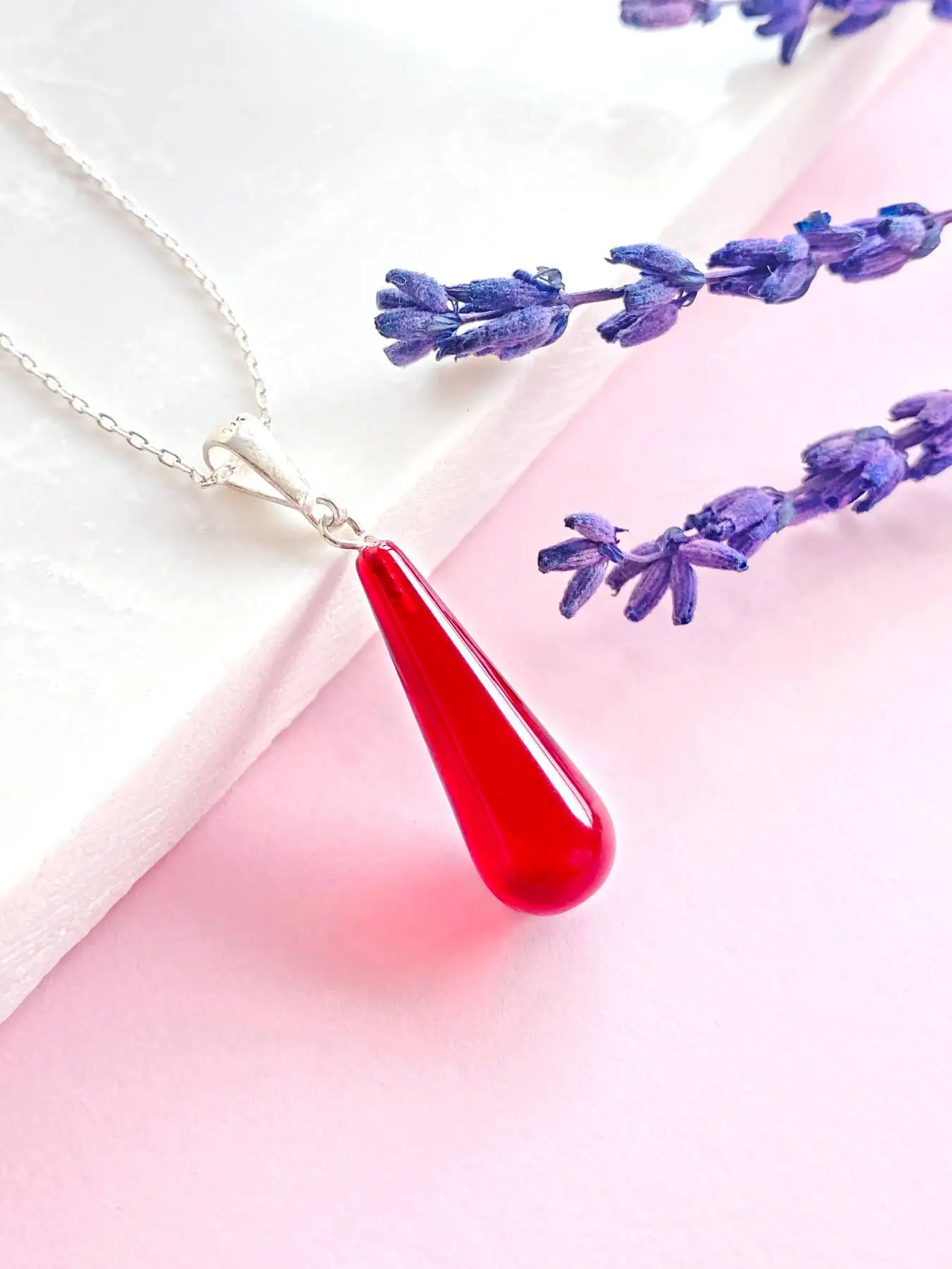 

Red Amber Necklace - Drop shaped Red Color - 925 Sterling Silver Necklace - Ruby Free shipping-Amber stone jewelry