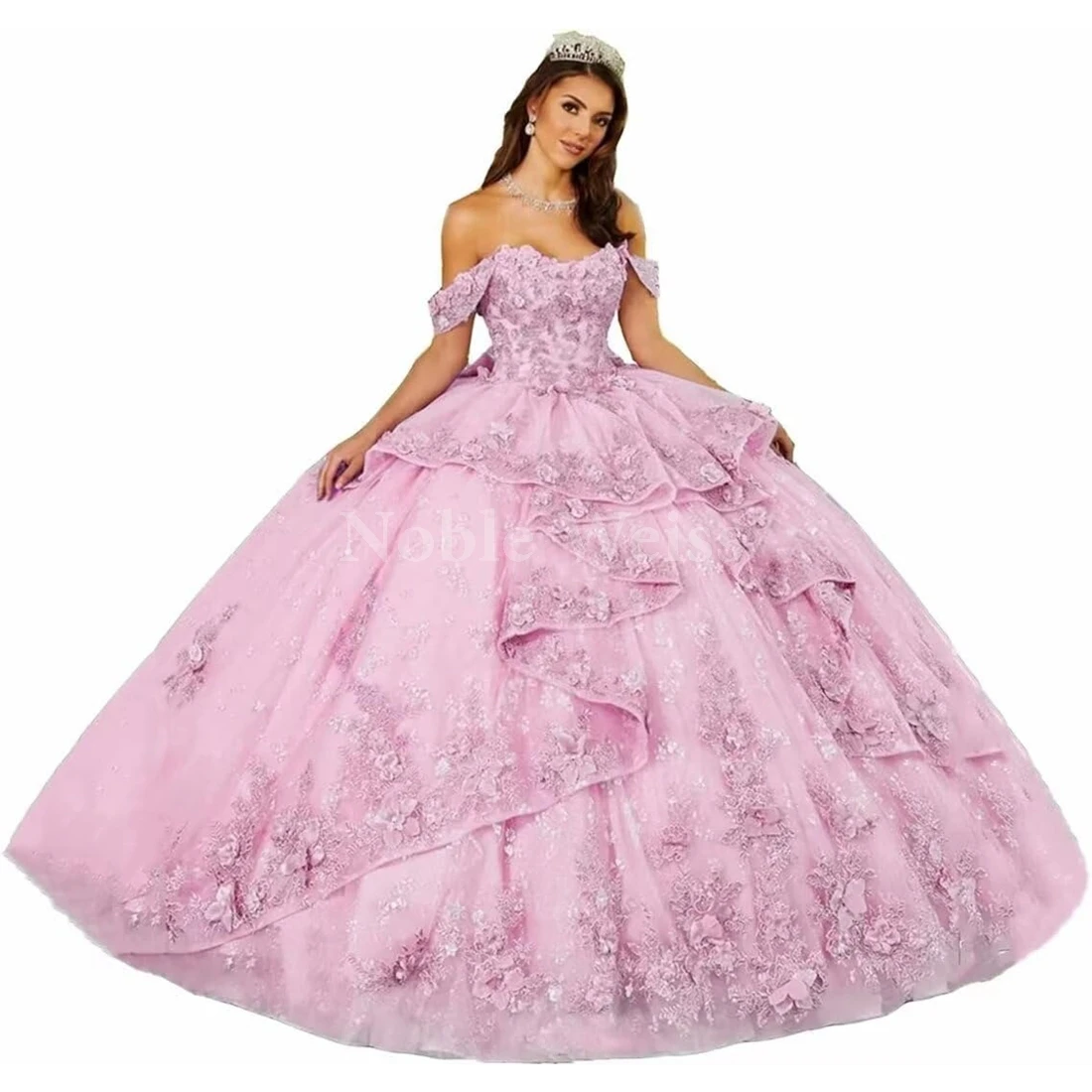 

Women’s Off Shoulder Quinceanera Dresses Ball Gown 3D Flower Puffy Lace Prom Dresses Customize