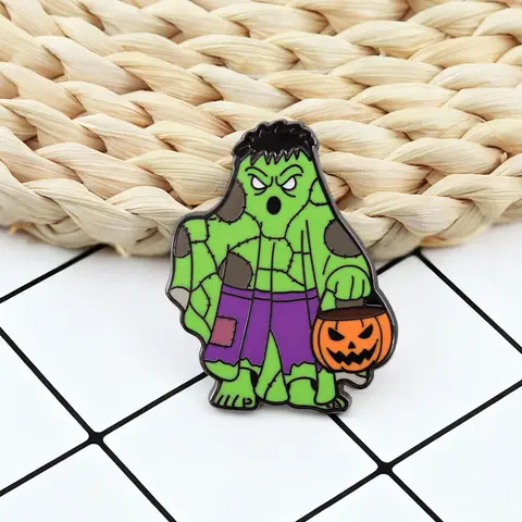 Halloween Stitching Green Cloak Brooch Pumpkin Candy Bucket Shaped Badge Cartoon Anime Character Enamel Pin Bag Decoration Gift