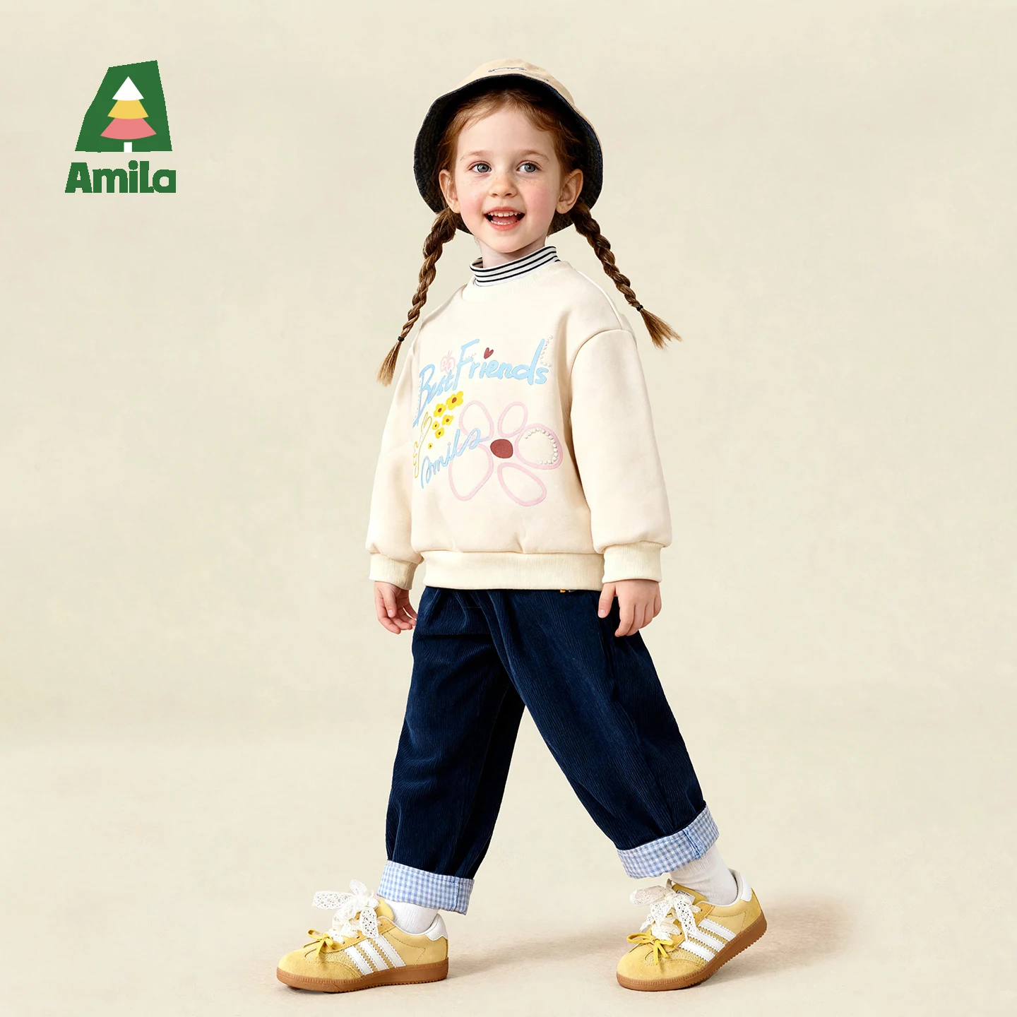Amila 2026 Kids Girls' Winter Half High Collar Striped Hoodie Soft Fleece Personalized Art Pattern Loose Shoulder Sleeves
