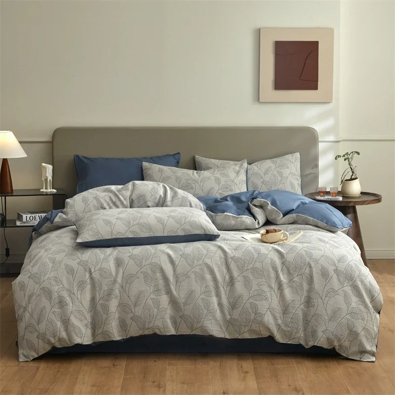 High Grade 100% Cotton Bedding Set Leaf Printed Duvet Cover Set with Bed Sheets and 2 Pillowcases King Queen Size Bed Linen Set