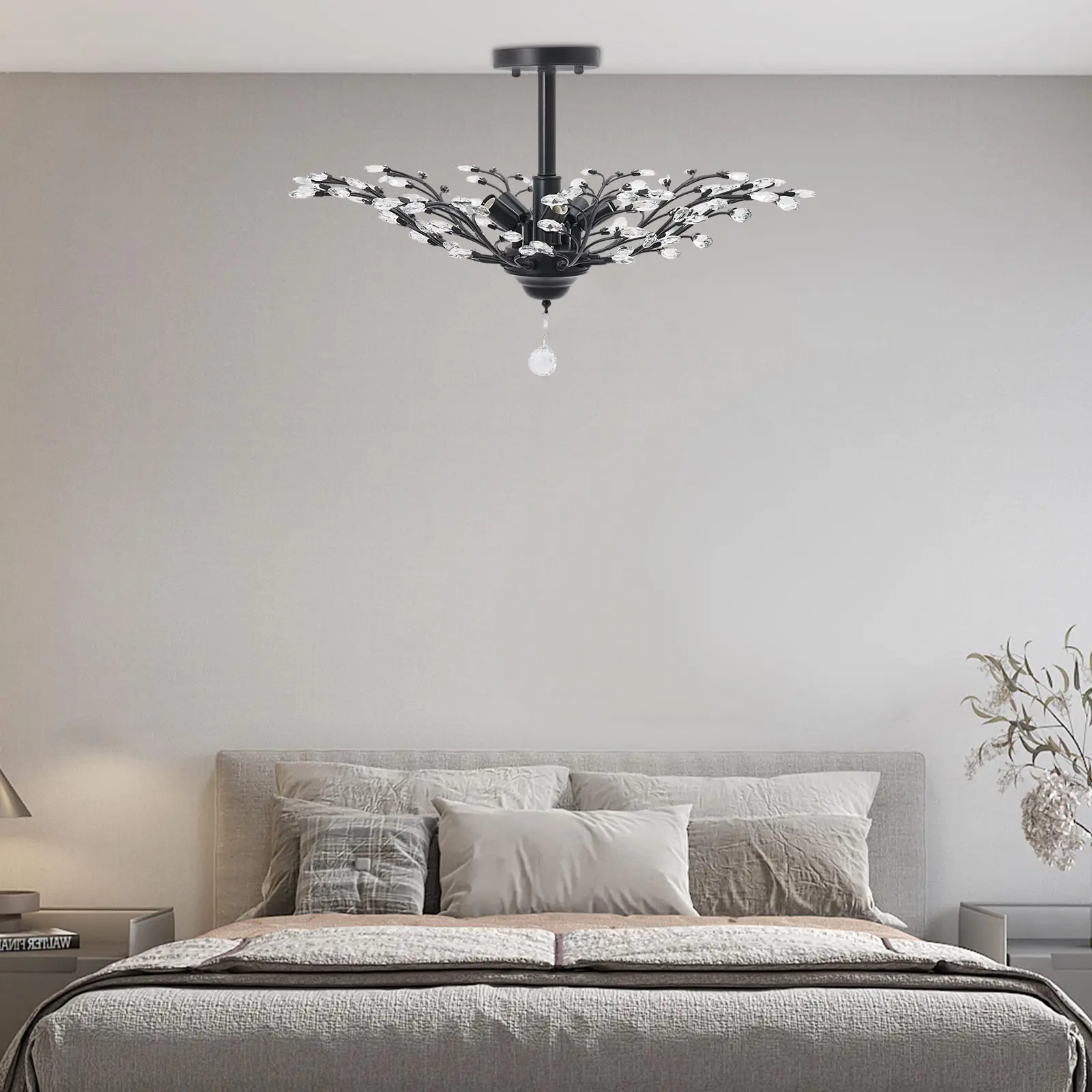 ضوء قلادة كريستال أسود، مصباح معلق فروع 5 * E12 مثبت على السقف 79 * 30 سم للصوفات وغرف المعيشة