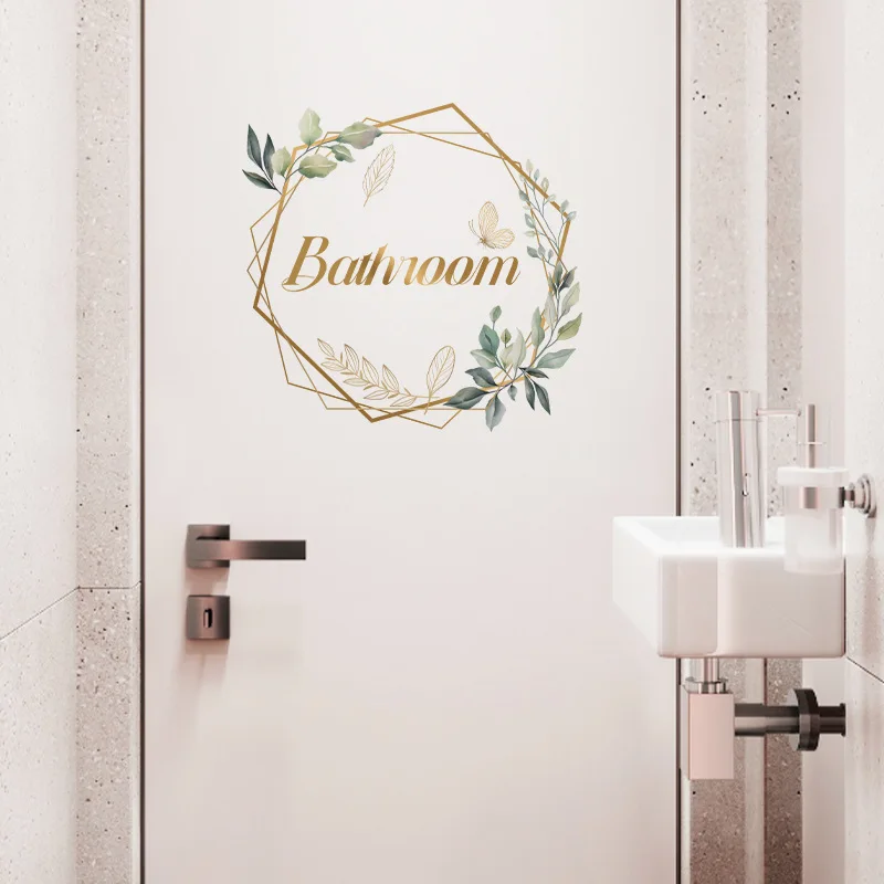 New Bathroom Toilet Doors English PVC Self-Adhesive Flower Wall Door Sticker WC Room Decor Wedding Home Decorations Accessories