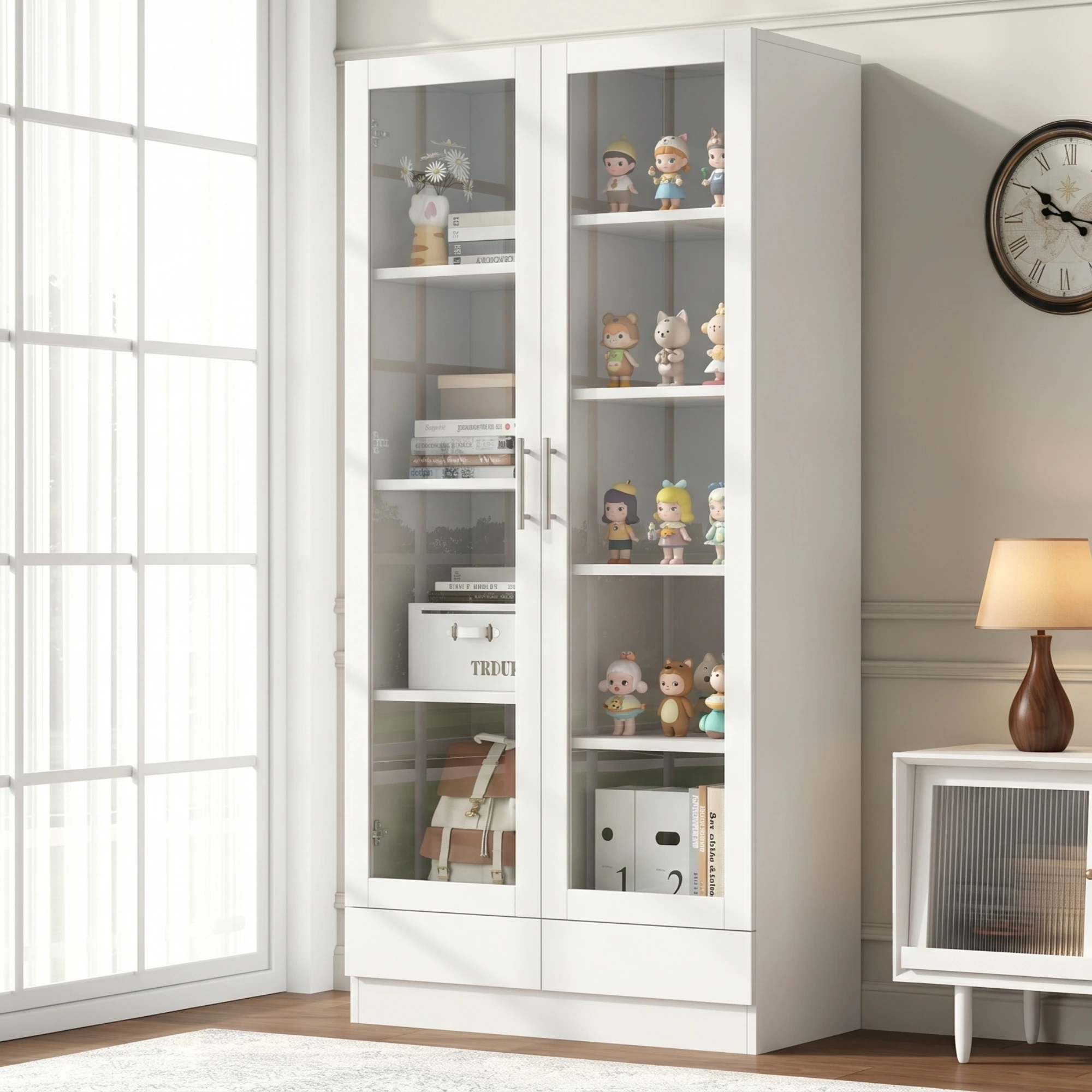 Armoire de rangement avec porte en verre et 2 tiroirs, vitrine haute pour bureau, salon et chambre, bibliothèque avec 9 compartiments, sécurité anti-basculement murale, tiroirs à ouverture par pression, façades en verre trempé, finition blanche élégante