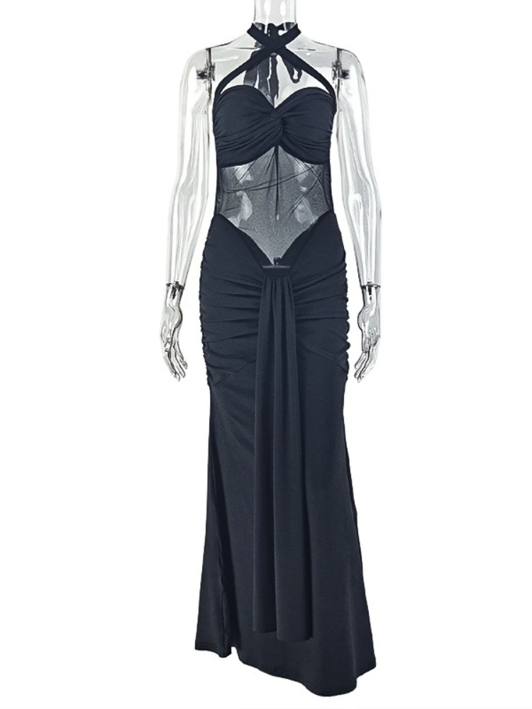 Sukienka długa Foamlina z krzyżującymi się ramiączkami, marszczeniami, seksowna, damska, modna, z prześwitującą siateczką, dopasowana, bez pleców, suknia wieczorowa 2025