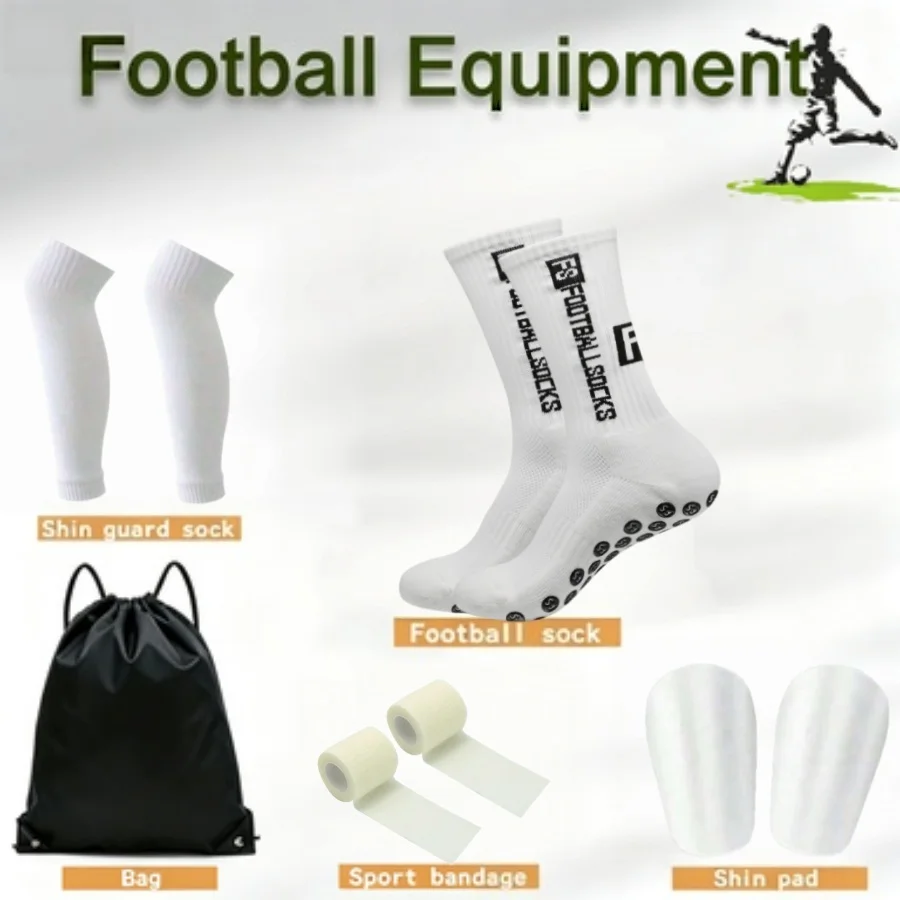 Football Equipment Set 5 Pcs Soccer Traning Football Socks Shin Guard Sock Sport Bandage Bag and Shin Pads for Men Women