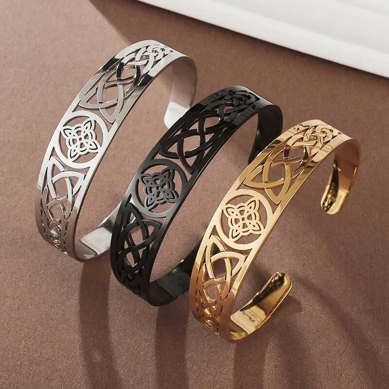 Wiccan Witch's Knot Wide Cutout Cuffs Irish Occult Symbols Magic Knot Amulet for Men Women Good Luck Jewelry Gifts