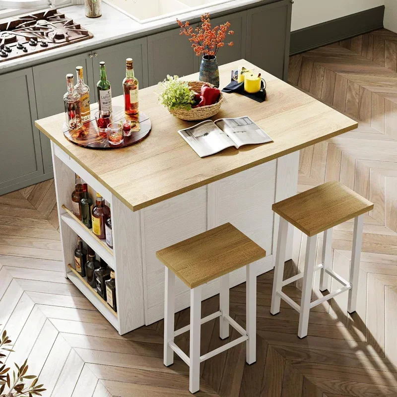 3 Pieces Kitchen Dining Table Set with Storage Cabinet and Drawers, Kitchen Island with 2 Stools and Drop Leaf Dining Table Set