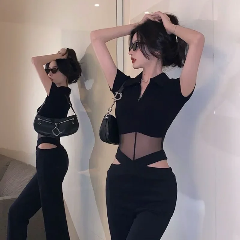 긴팔 티셔츠 여성 슬림 패션 섹시한 소녀 캐주얼 넥 액세서리 Y2k 힙합 하이 스트리트 핫스위트 올매치 인스